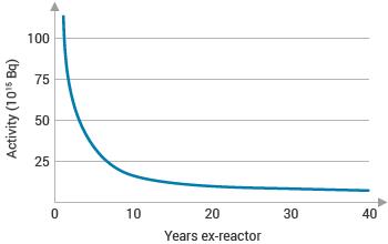 Illustrative decay in radioactivity of fission products of one tonne of spent PWR fuel